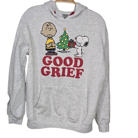Peanuts Snoopy Hoodie Gray Pullover Christmas Tree/Presents Pocket Sz M 8-10 - Picture 1 of 6